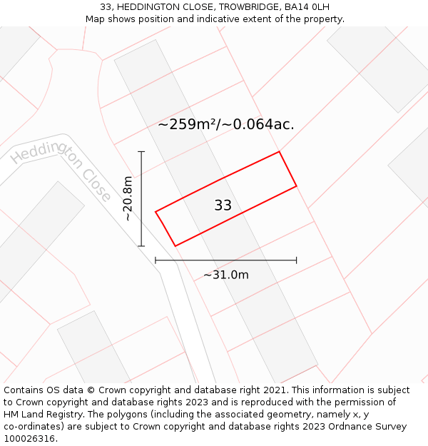 33, HEDDINGTON CLOSE, TROWBRIDGE, BA14 0LH: Plot and title map