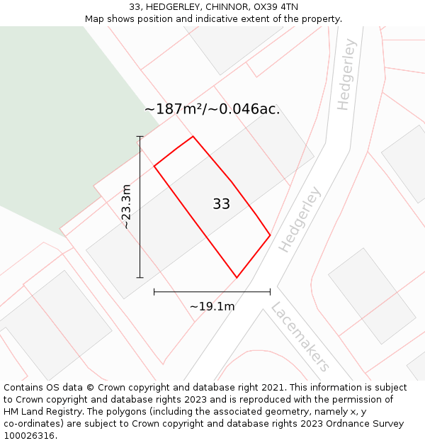 33, HEDGERLEY, CHINNOR, OX39 4TN: Plot and title map