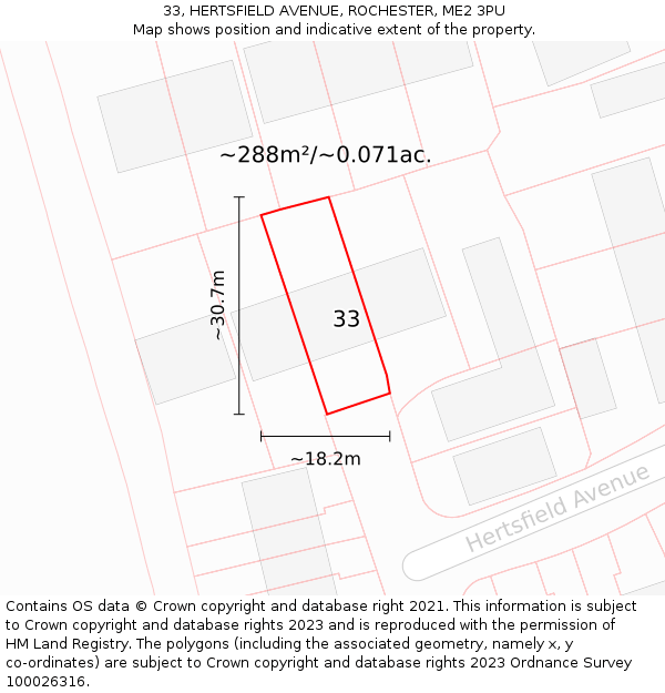 33, HERTSFIELD AVENUE, ROCHESTER, ME2 3PU: Plot and title map