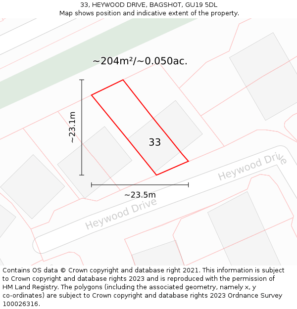 33, HEYWOOD DRIVE, BAGSHOT, GU19 5DL: Plot and title map