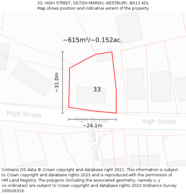 33, HIGH STREET, DILTON MARSH, WESTBURY, BA13 4DL: Plot and title map