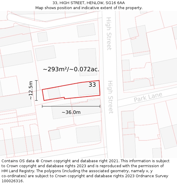 33, HIGH STREET, HENLOW, SG16 6AA: Plot and title map