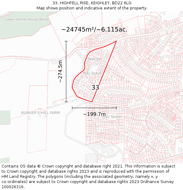 33, HIGHFELL RISE, KEIGHLEY, BD22 6LG: Plot and title map