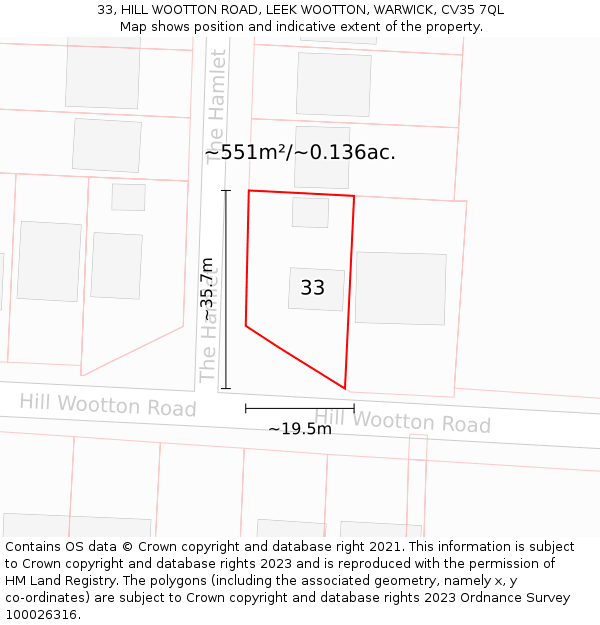 33, HILL WOOTTON ROAD, LEEK WOOTTON, WARWICK, CV35 7QL: Plot and title map