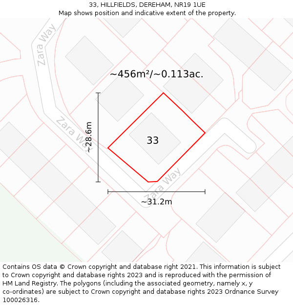 33, HILLFIELDS, DEREHAM, NR19 1UE: Plot and title map