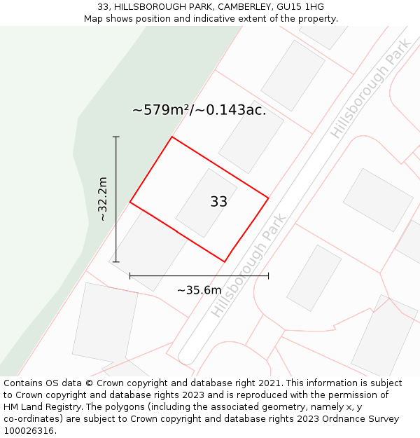 33, HILLSBOROUGH PARK, CAMBERLEY, GU15 1HG: Plot and title map