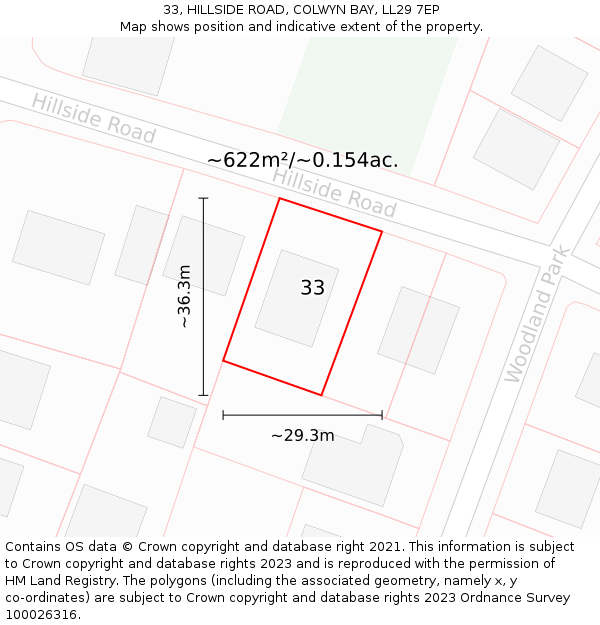 33, HILLSIDE ROAD, COLWYN BAY, LL29 7EP: Plot and title map