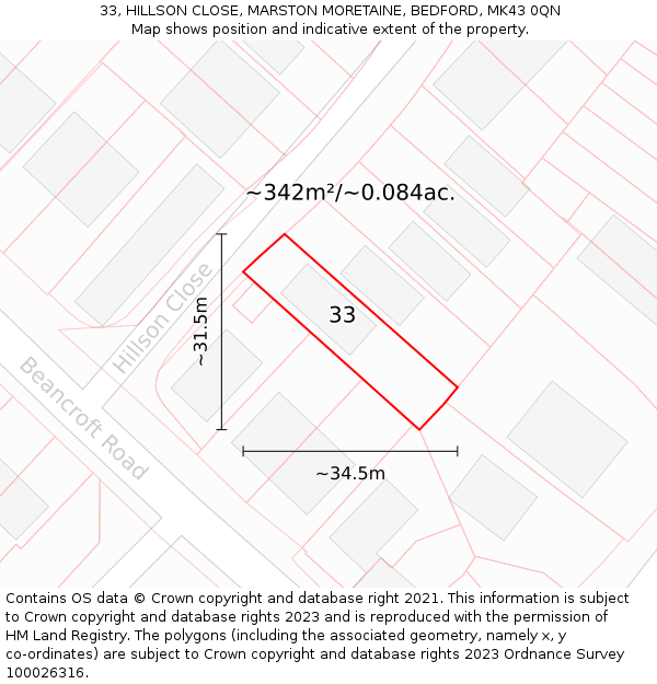 33, HILLSON CLOSE, MARSTON MORETAINE, BEDFORD, MK43 0QN: Plot and title map