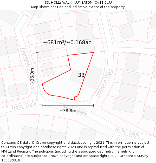 33, HOLLY WALK, NUNEATON, CV11 6UU: Plot and title map