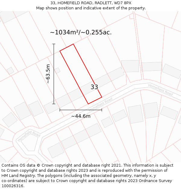 33, HOMEFIELD ROAD, RADLETT, WD7 8PX: Plot and title map