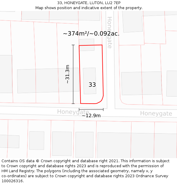 33, HONEYGATE, LUTON, LU2 7EP: Plot and title map
