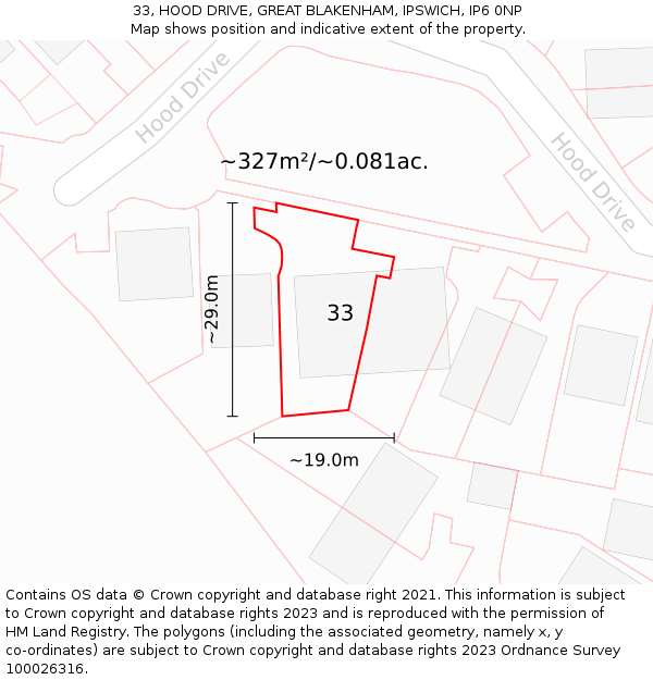 33, HOOD DRIVE, GREAT BLAKENHAM, IPSWICH, IP6 0NP: Plot and title map