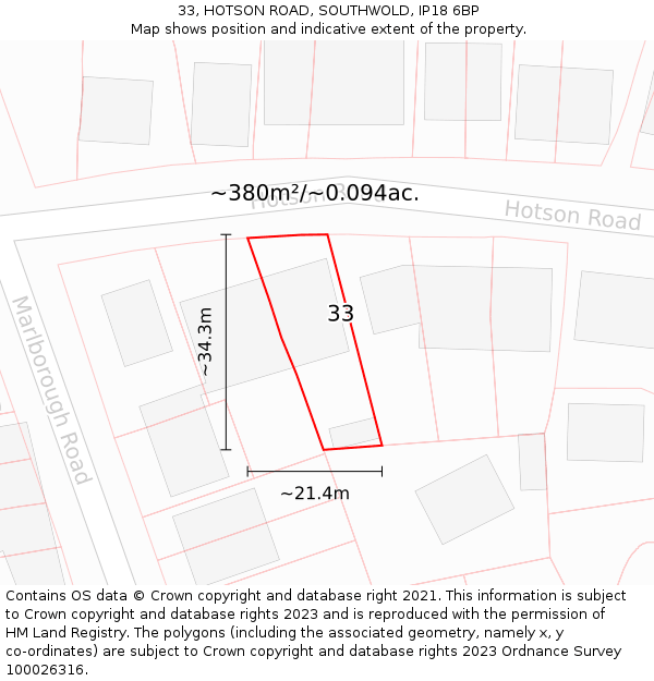 33, HOTSON ROAD, SOUTHWOLD, IP18 6BP: Plot and title map