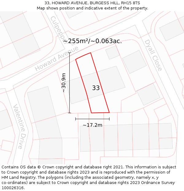 33, HOWARD AVENUE, BURGESS HILL, RH15 8TS: Plot and title map