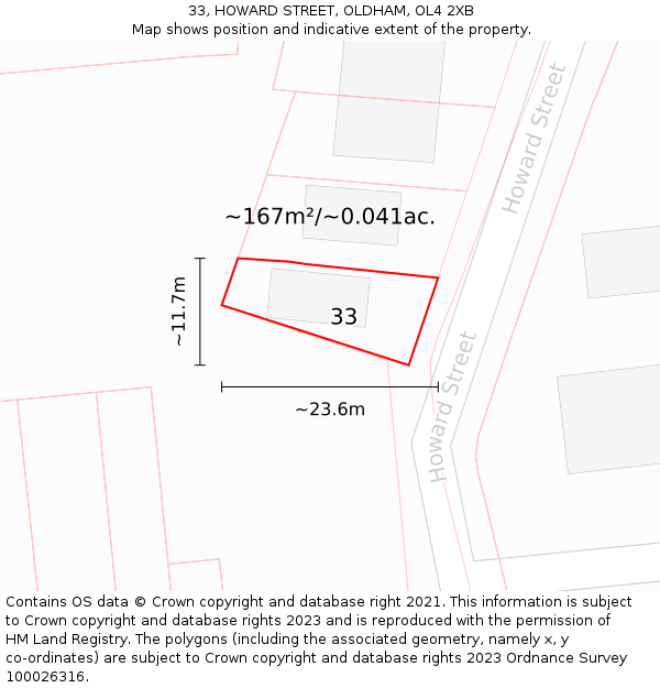 33, HOWARD STREET, OLDHAM, OL4 2XB: Plot and title map