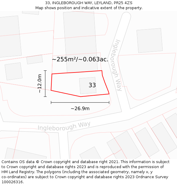 33, INGLEBOROUGH WAY, LEYLAND, PR25 4ZS: Plot and title map