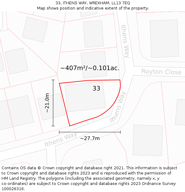 33, ITHENS WAY, WREXHAM, LL13 7EQ: Plot and title map