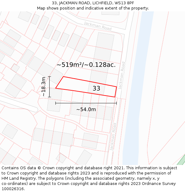 33, JACKMAN ROAD, LICHFIELD, WS13 8PF: Plot and title map