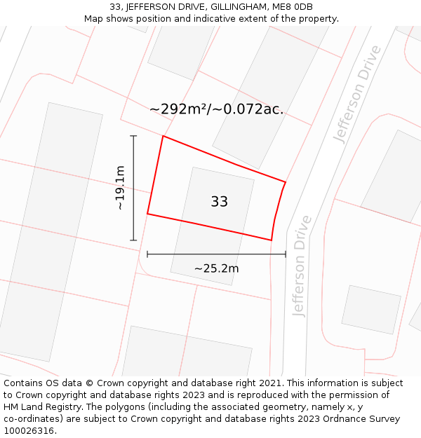 33, JEFFERSON DRIVE, GILLINGHAM, ME8 0DB: Plot and title map