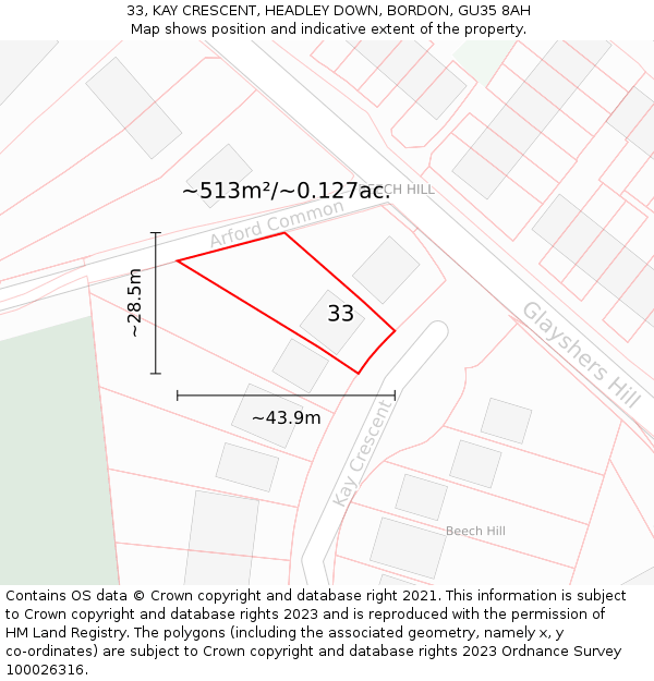 33, KAY CRESCENT, HEADLEY DOWN, BORDON, GU35 8AH: Plot and title map