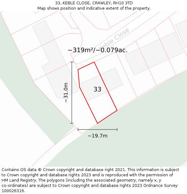 33, KEBLE CLOSE, CRAWLEY, RH10 3TD: Plot and title map