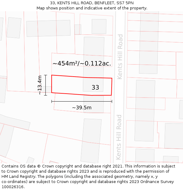 33, KENTS HILL ROAD, BENFLEET, SS7 5PN: Plot and title map