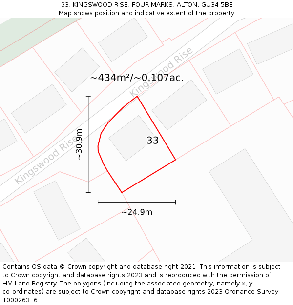 33, KINGSWOOD RISE, FOUR MARKS, ALTON, GU34 5BE: Plot and title map