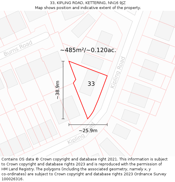 33, KIPLING ROAD, KETTERING, NN16 9JZ: Plot and title map