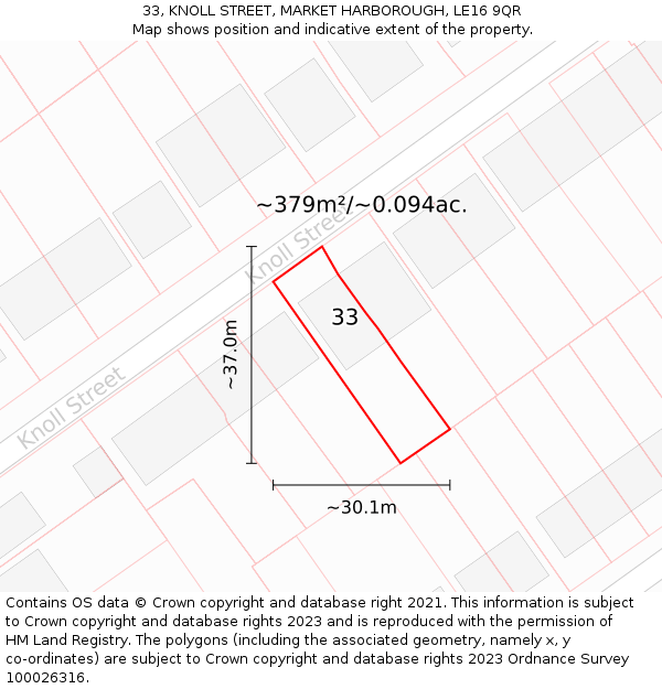 33, KNOLL STREET, MARKET HARBOROUGH, LE16 9QR: Plot and title map