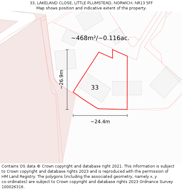 33, LAKELAND CLOSE, LITTLE PLUMSTEAD, NORWICH, NR13 5FF: Plot and title map