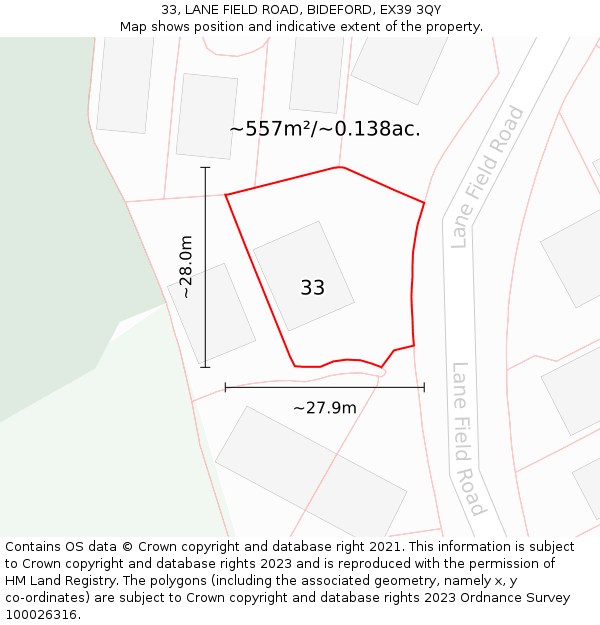 33, LANE FIELD ROAD, BIDEFORD, EX39 3QY: Plot and title map