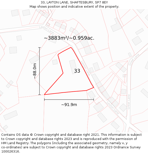 33, LAYTON LANE, SHAFTESBURY, SP7 8EY: Plot and title map