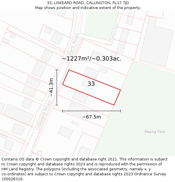 33, LISKEARD ROAD, CALLINGTON, PL17 7JD: Plot and title map