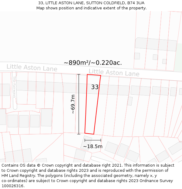 33, LITTLE ASTON LANE, SUTTON COLDFIELD, B74 3UA: Plot and title map