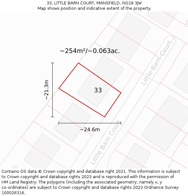 33, LITTLE BARN COURT, MANSFIELD, NG18 3JW: Plot and title map