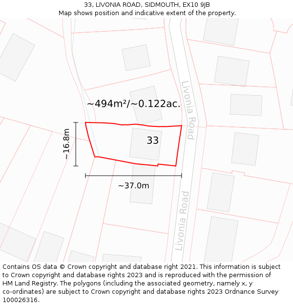 33, LIVONIA ROAD, SIDMOUTH, EX10 9JB: Plot and title map
