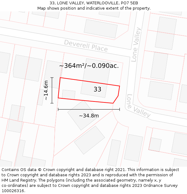 33, LONE VALLEY, WATERLOOVILLE, PO7 5EB: Plot and title map