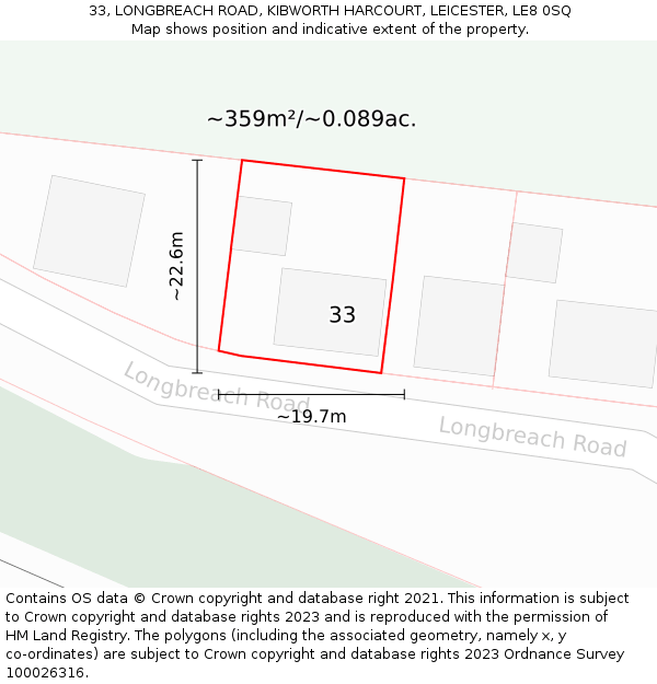 33, LONGBREACH ROAD, KIBWORTH HARCOURT, LEICESTER, LE8 0SQ: Plot and title map