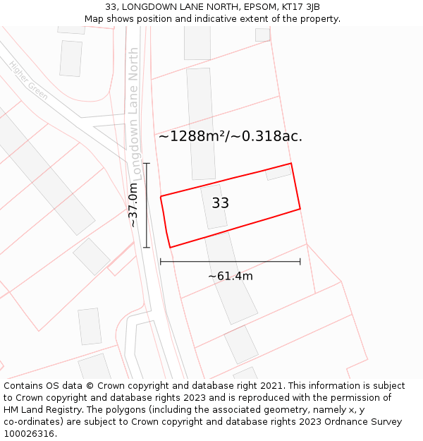 33, LONGDOWN LANE NORTH, EPSOM, KT17 3JB: Plot and title map