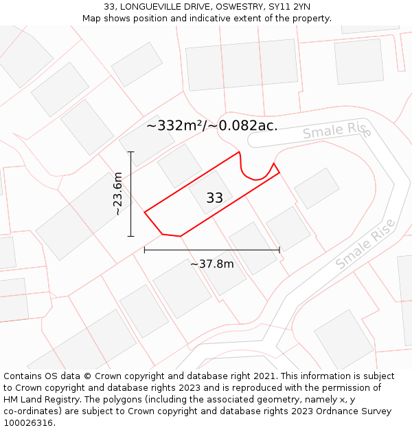 33, LONGUEVILLE DRIVE, OSWESTRY, SY11 2YN: Plot and title map