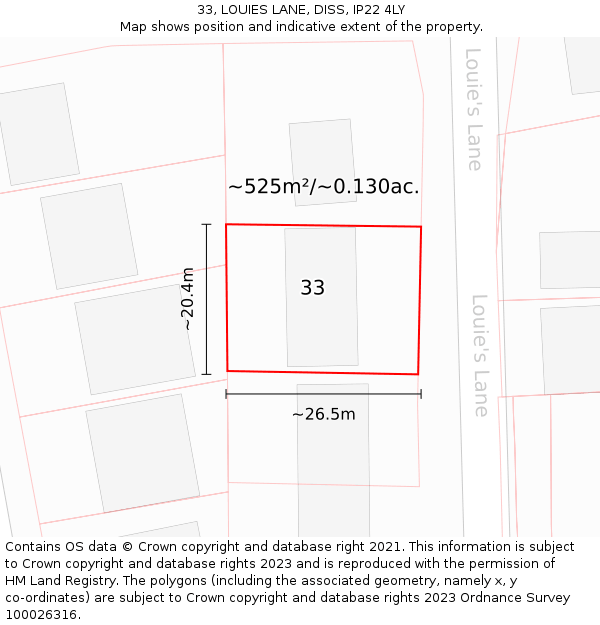 33, LOUIES LANE, DISS, IP22 4LY: Plot and title map