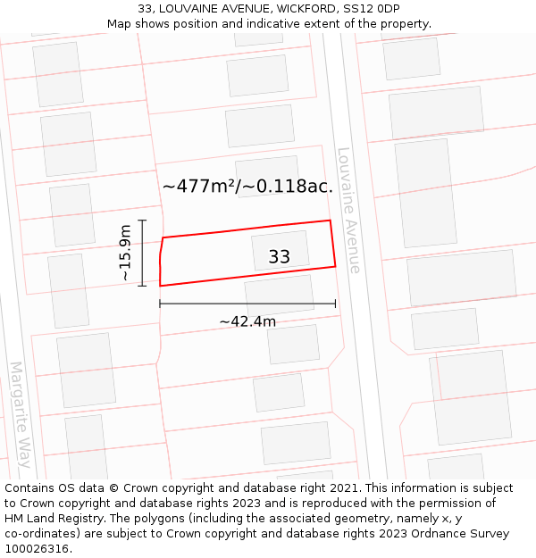 33, LOUVAINE AVENUE, WICKFORD, SS12 0DP: Plot and title map