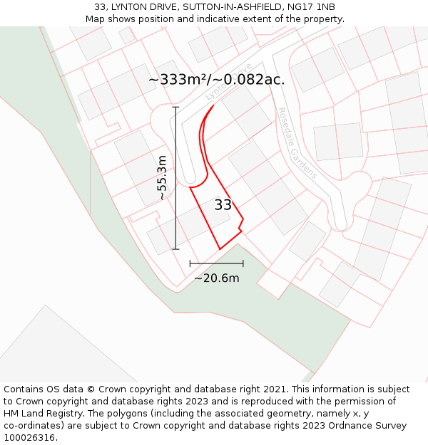 33, LYNTON DRIVE, SUTTON-IN-ASHFIELD, NG17 1NB: Plot and title map