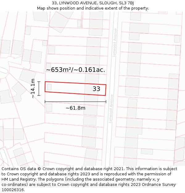 33, LYNWOOD AVENUE, SLOUGH, SL3 7BJ: Plot and title map