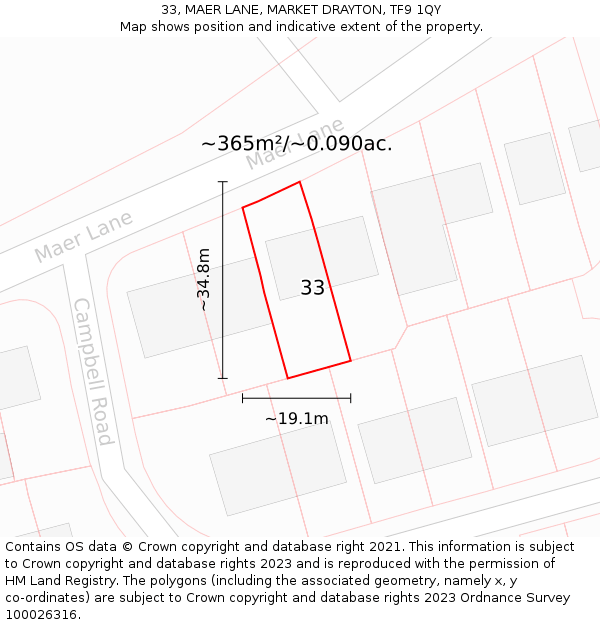 33, MAER LANE, MARKET DRAYTON, TF9 1QY: Plot and title map