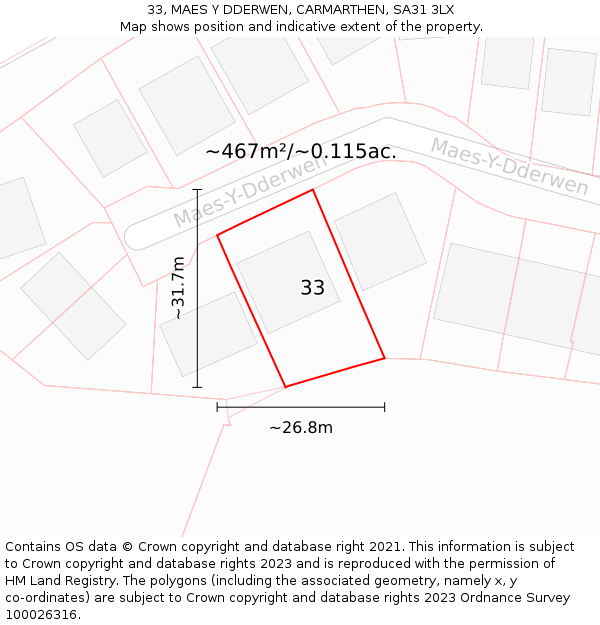 33, MAES Y DDERWEN, CARMARTHEN, SA31 3LX: Plot and title map