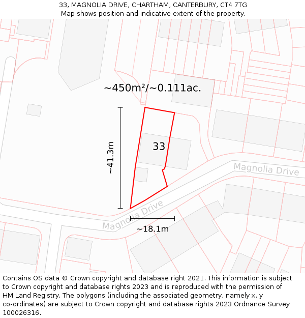 33, MAGNOLIA DRIVE, CHARTHAM, CANTERBURY, CT4 7TG: Plot and title map