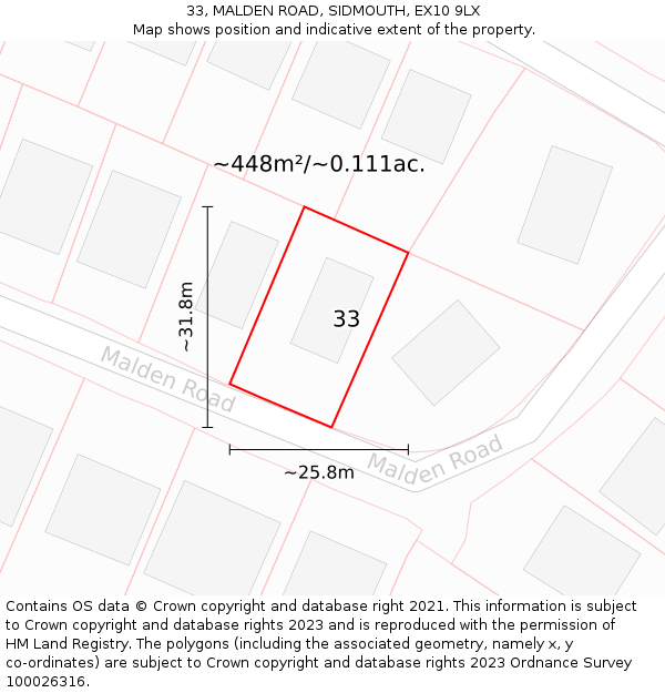 33, MALDEN ROAD, SIDMOUTH, EX10 9LX: Plot and title map