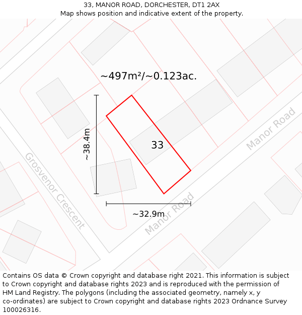 33, MANOR ROAD, DORCHESTER, DT1 2AX: Plot and title map