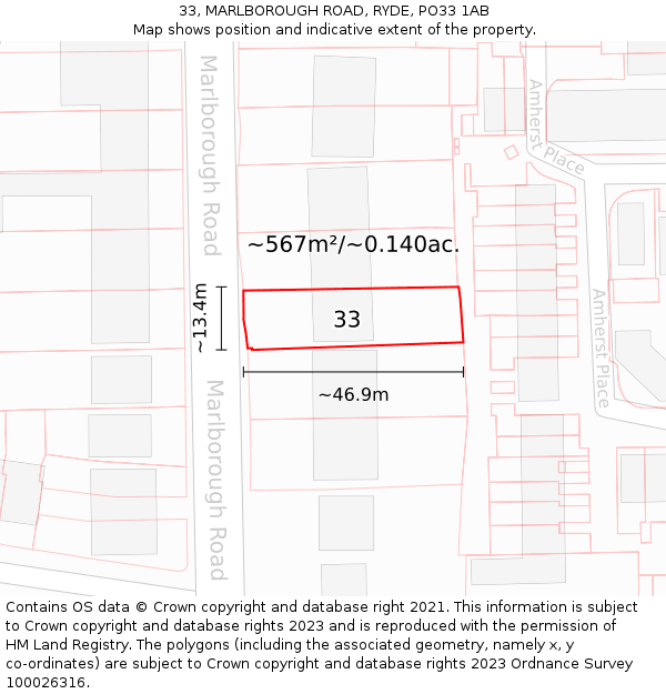 33, MARLBOROUGH ROAD, RYDE, PO33 1AB: Plot and title map